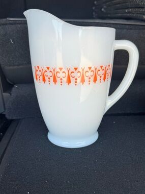 White Milk Glass Pitcher with Orange Geometric Band